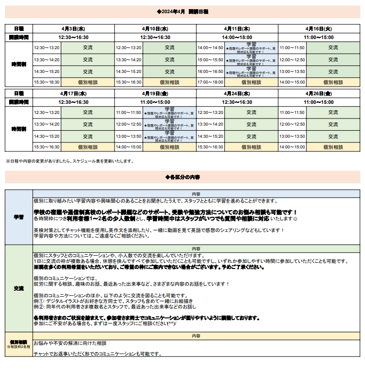 ひきこもり状態にある方のための「オンライン居場所」   ４月の開講スケジュールについて