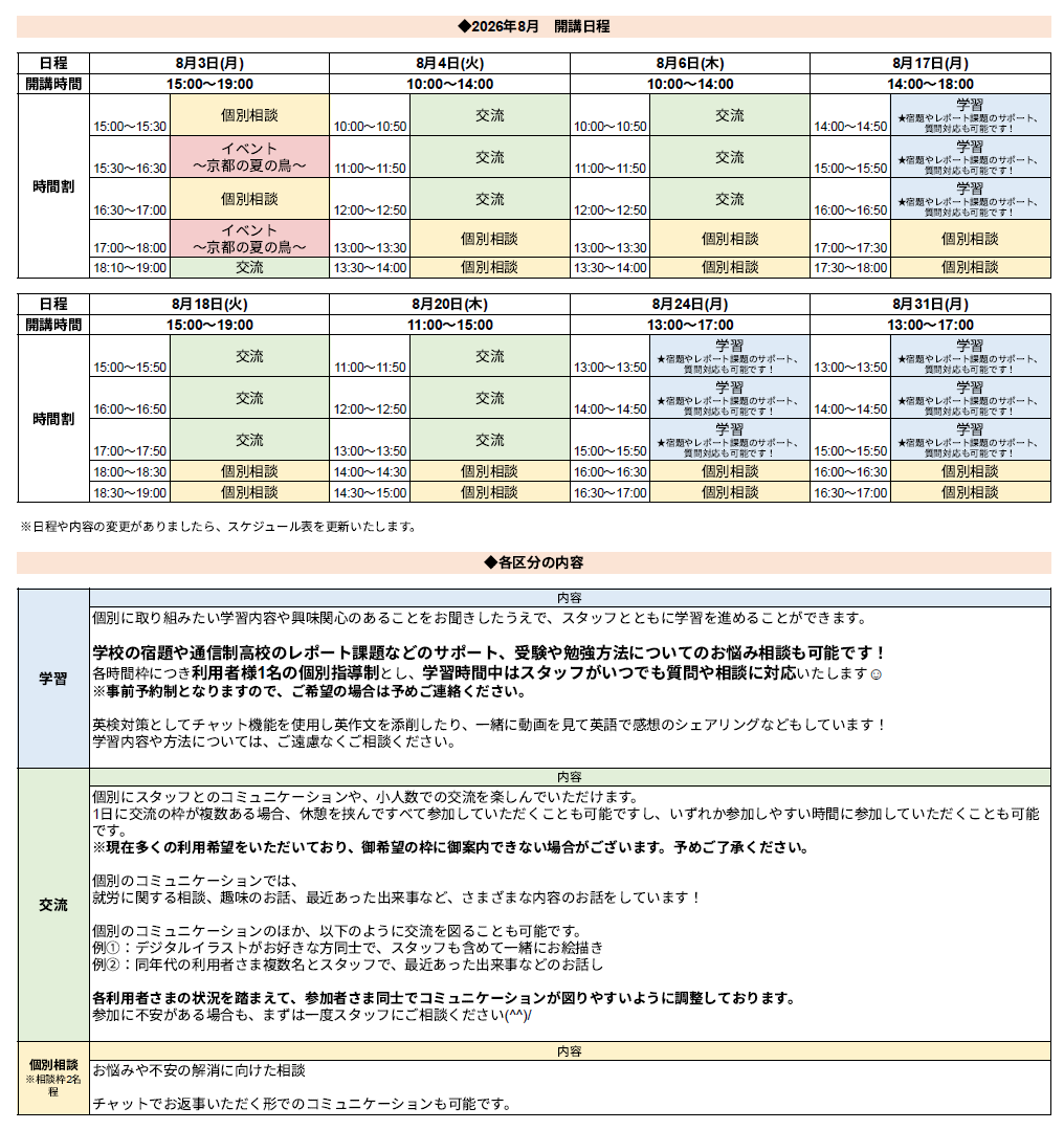 ひきこもり状態にある方のための「オンライン居場所」８月の開講スケジュールについて
